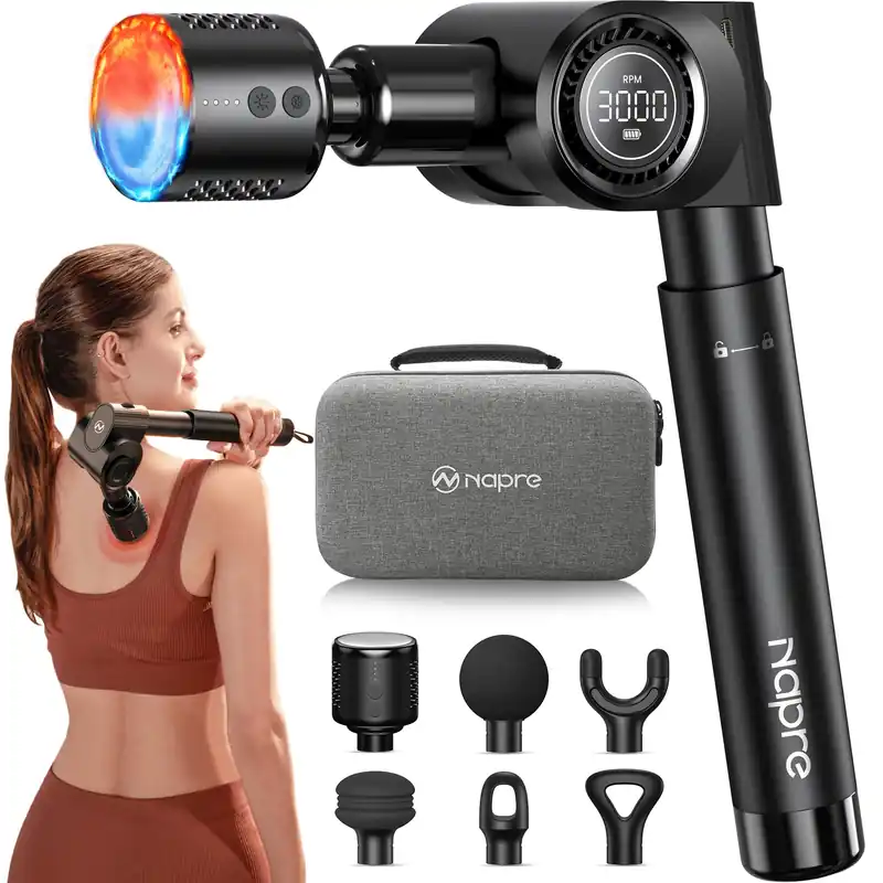 NAPRE Massage Gun with Heat and Cold,Deep Tissue Percussion Back Massager for Muscle/Neck/Body Pain Relief with Long Extension Handle,32-Speeds,Foldable with 5 Adjustable Angles,Mothers Day Gifts