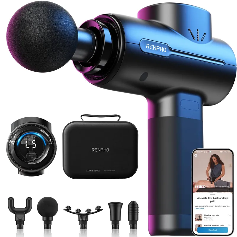 RENPHO Active+ Percussion Massage Gun, Mothers Day Gifts, 5 Adjustable Speeds for Back, Neck, Muscle Recovery - App Controlled Guided Courses, with Carry Case for Professional Athlete, Gym and Travel