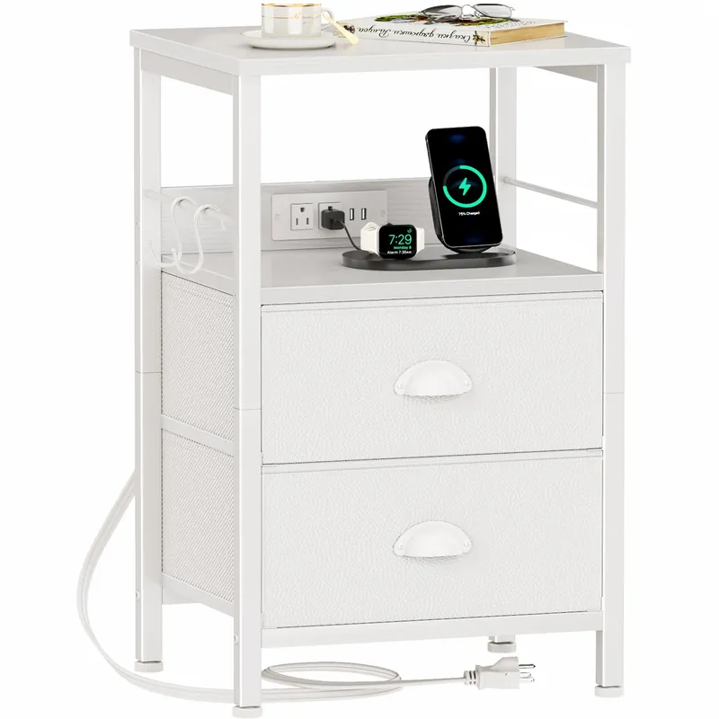 Furologee End Table with Charging Station, Nightstand with Fabric Drawers, Side Tables with USB Ports & Outlets, Night Stand with Storage Shelf & Hooks, for Living Room/Bedroom, White
