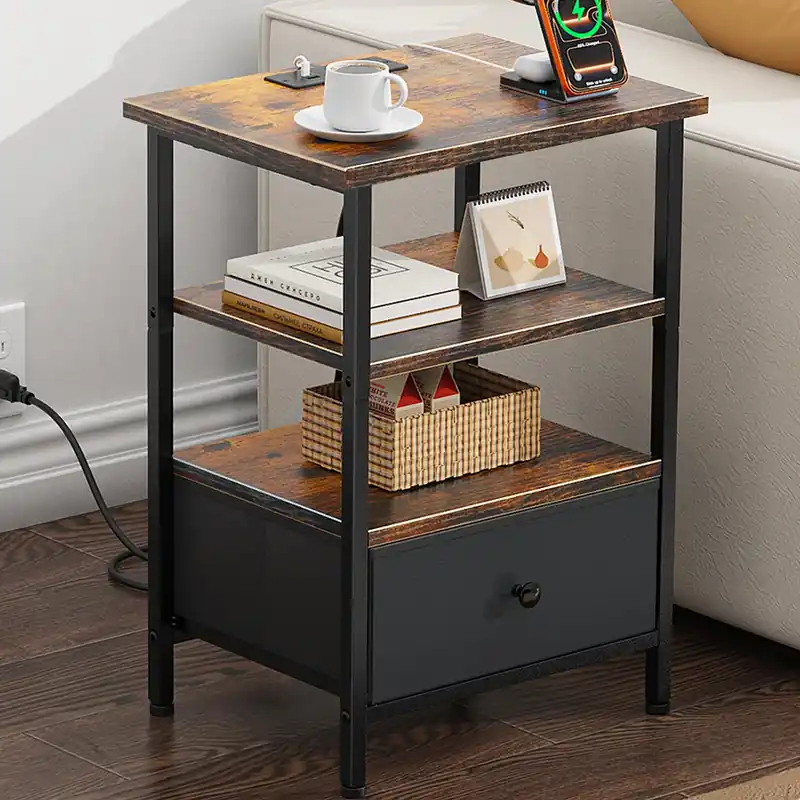 Tensirock Side Table with Charging Station, Nightstand with Adjustable Fabric Drawer, Bedside Table for Bedrooms, Living Rooms & Home Decor (Brown Black)