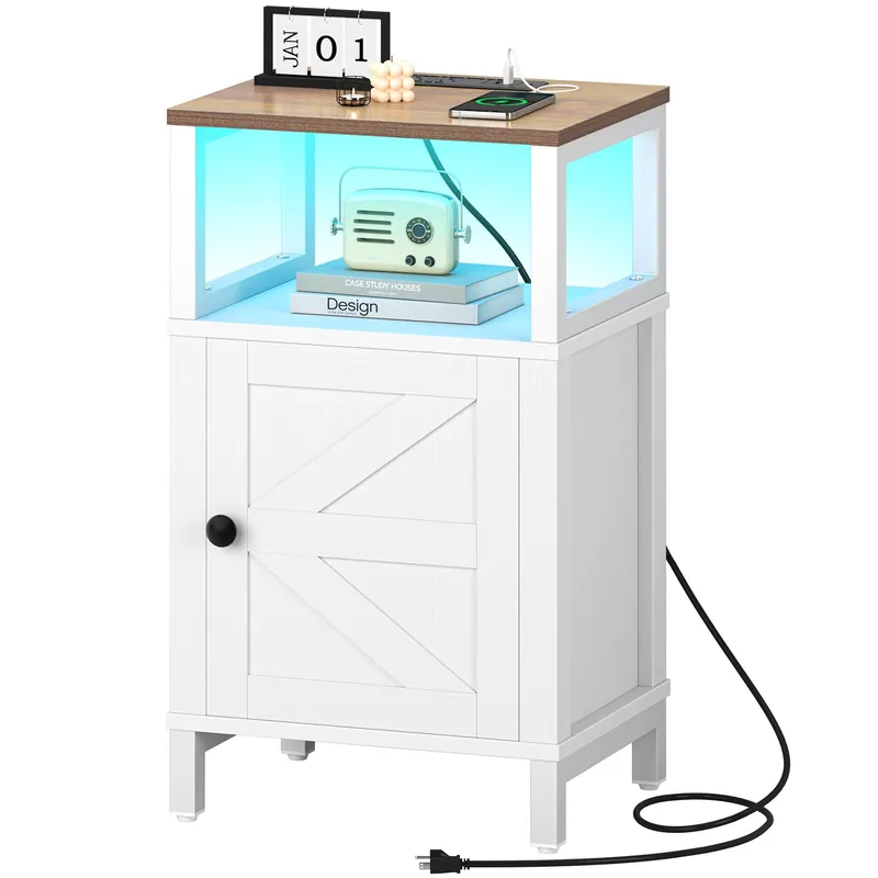 Yoobure Farmhouse NightStand with Charging Station,Wood Night Stand End Table with USB Ports, LED Bed Side Table with Storage Cabinet,Bedside Table for Bedroom, Living Room White