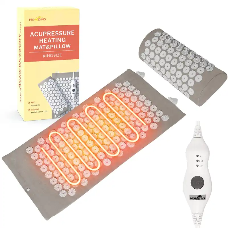 HOMLYNS Heated Acupressure Mats - 3 Heat Levels with 2 Hours Auto Off, Heating Acupuncture Mat Full Body Massage for Pain Relief Pad in Grey
