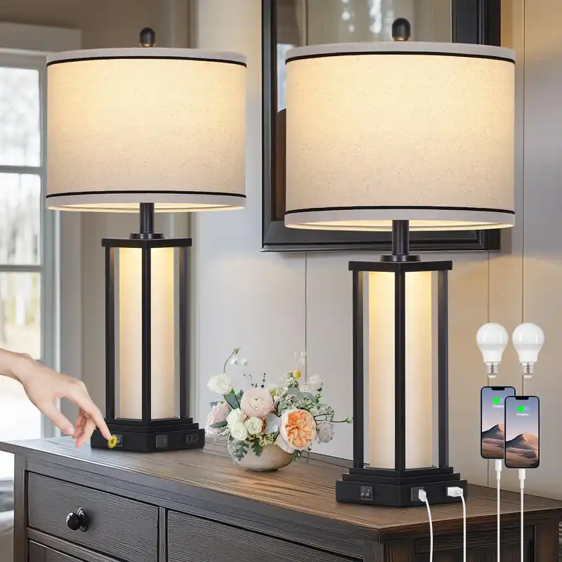 27" Tall Vintage Table Lamp Set of 2 with USB C+A & Outlet,Black Industrial End Table Lamp for Living Room,Farmhouse Rustic Bedside Lamps with Frosted Glass Night Light for Bedroom Nightstand,Black
