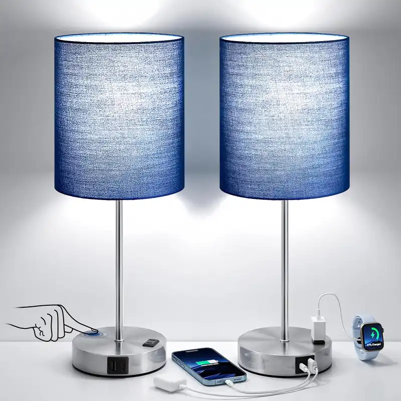 Blue Touch Lamps for Nightstand Set of 2 - Bedside Table Lamp for Bedroom with Dual USB Ports & AC Outlet, 3-Way Dimmable Lamps for Living Room Boys Room, Night Light with 5000K Daylight Bulbs