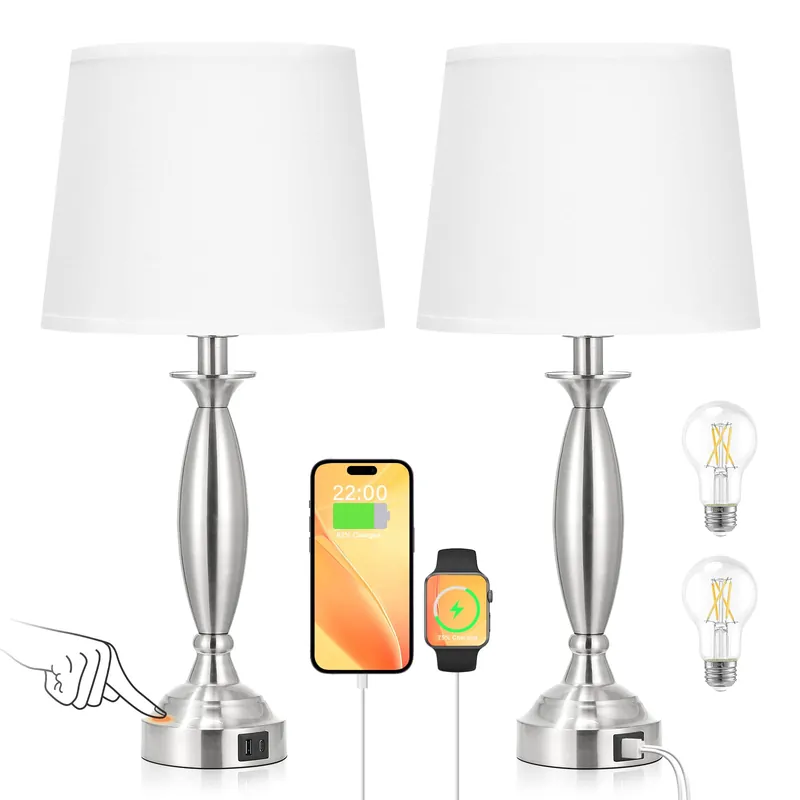 Seealle White Lamps for Bedrooms Set of 2 - Touch Control Bedside Lamp with USB C+A, 3 Way Dimmable Nightstand Lamps with USB Port, Table Lamp for Living Room(White Shade and Nickel Base)