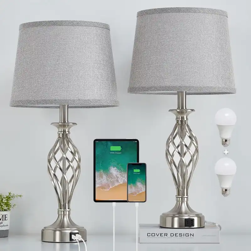 Nightstand Table Lamps for Bedrooms Set of 2 with USB C+A, Bedside Lamps with Spiral Cage Base, Tall Living Room Lamps for End Tables, Modern Night Stand Lamps for Bed Side Guest Room Bulbs Included