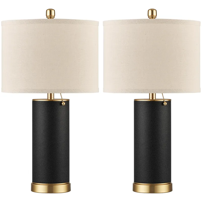 KDG 23.4" Black PU Leather Table Lamps for Living Room Set of 2, E26 Socket LED Modern Home Decor Fabric Lampshade Desk Lamp Lighitng for Bedroom, Bedside, Farmhouse, Nightstand, Night Light