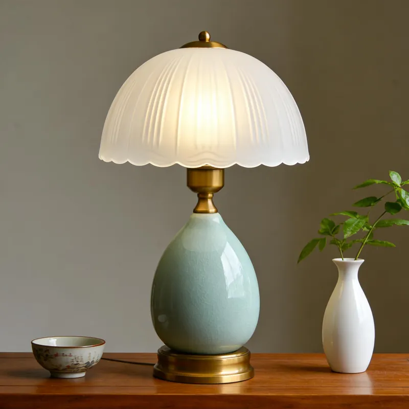 WELAISA Table Lamps Ceramic Retro Lamp for Living Room,16.73" Modern Bedside Nightstand Traditional Lamps, Classic Chinoiserie Green Glass Lamp for Home (French Country)