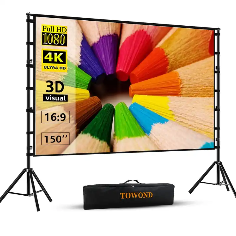 TOWOND Projector Screen and Stand, 150 inch Indoor Outdoor Projection Screen, Portable 16 9 4K HD Rear Front Movie Screen with Carry Bag Wrinkle-Free Design for Home Theater Backyard Cinema