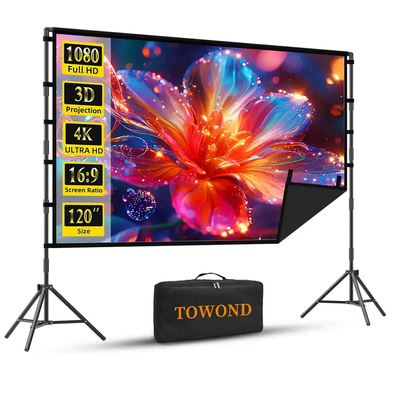 Outdoor Projector Screen with Stand, TOWOND 120 inch Portable Projector Screen Black Backing, Indoor Projection Screen 16 9 4K HD Wrinkle-Free Movie Screen with Carry Bag for Backyard Movie Night