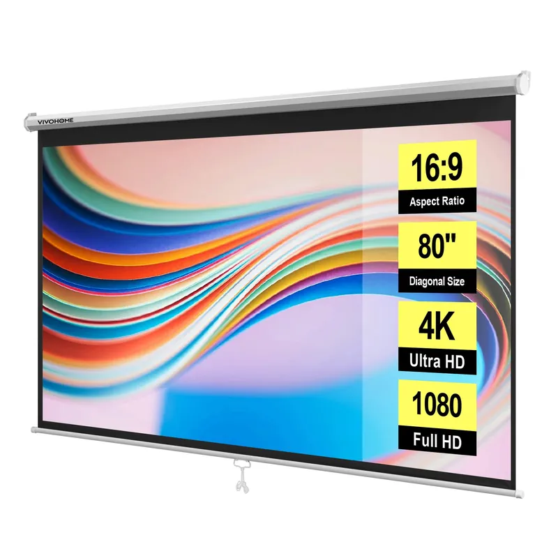 VIVOHOME 80 Inch 16 9 Pull Down Projector Screen, HD 4K Retractable Movie Screen for Indoor Home Theater and Office, Manual Projection Screen with Auto Locking (70Wx40H Inch Display Area)