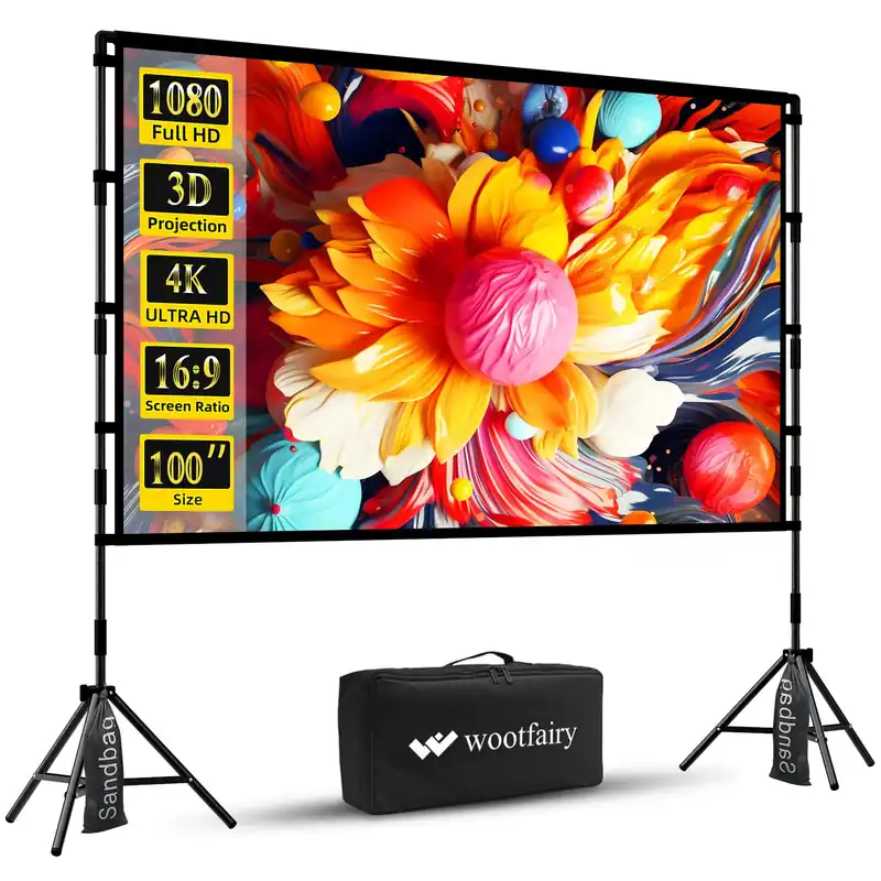Projector Screen with Stand, Wootfairy 100 inch Foldable and Portable Projection Screen 16 9 4K HD Rear Front Wrinkle-Free Movie Screen with Carry Bag for Indoor Outdoor Home Theater Backyard Cinema