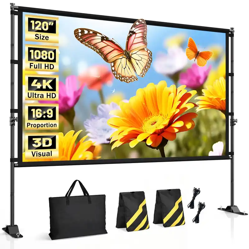 120 inch Outdoor Projector Screen with Stand, Portable Projector Screen Outdoor with Sand Bag, 16 9 4K HD Movie Screen with Carry Bag for Backyard, Camping, Theater