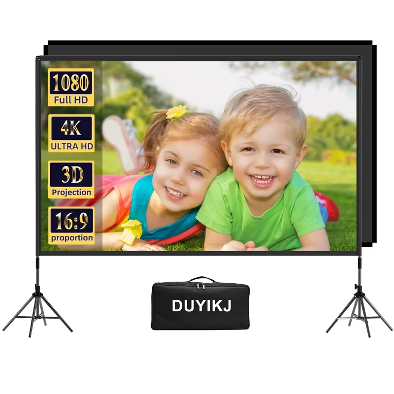 Projector Screen and Stand 120 inch,DUYIKJ Portable Black Backing Projector Screen Indoor Outdoor 16 9 4K HD Wrinkle-Free and Four-Legged Frame Movie Screen with Carry Bag for Backyard Movie Night