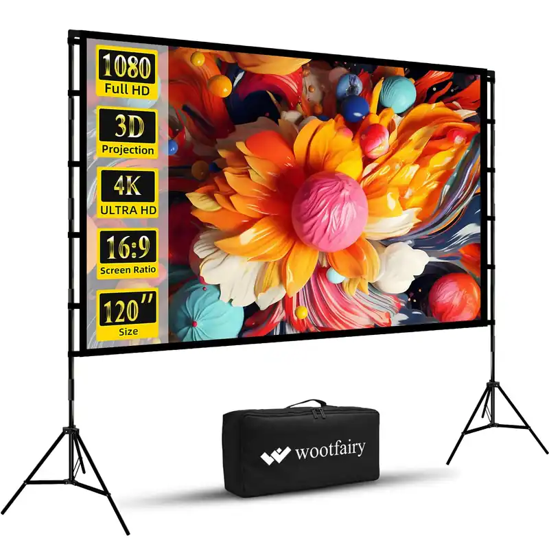 Projector Screen and Stand, Wootfairy 120 inch Foldable and Portable Projection Screen 16 9 4K HD Rear Front Wrinkle-Free Movie Screen with Carry Bag for Indoor Outdoor Home Theater Backyard Cinema