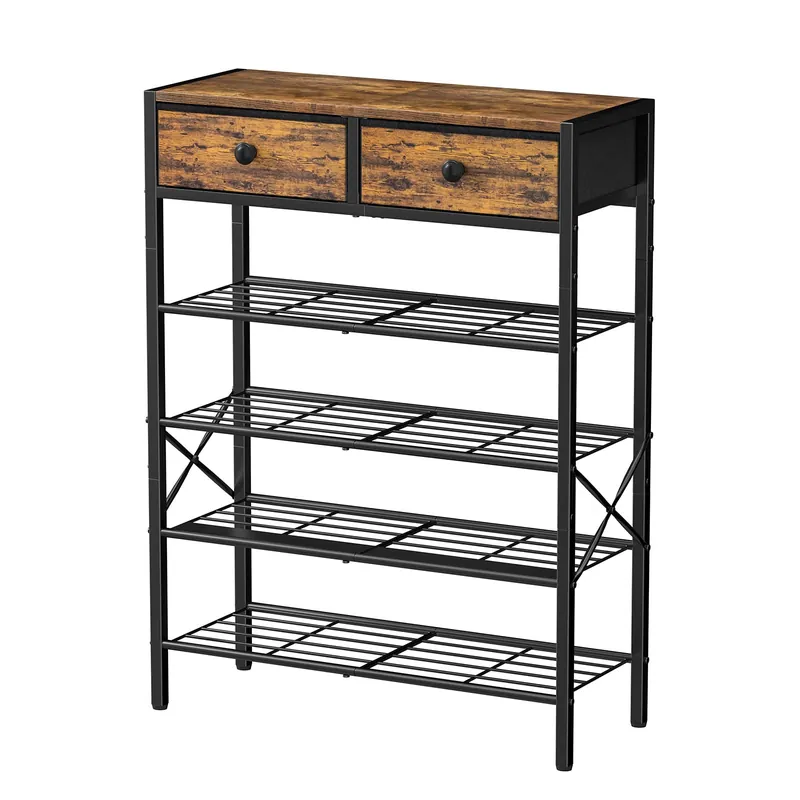 UNITSTAGE Shoe Rack for Entryway, 5 Tier Shoe Organizer with 2 Non-woven Drawers, Metal Storage Shoe Shelf for 16-20 Pairs of Shoes, with Wooden Top and Steel Frame, Shoe Stand for Closet Rustic Brown