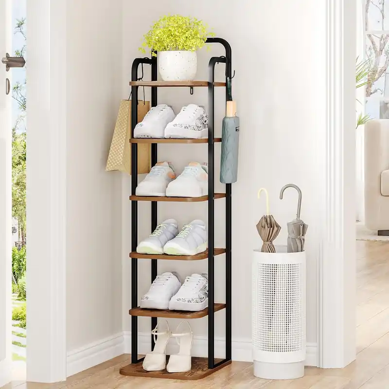Hzuaneri 6 Tiers Vertical Shoe Rack, Narrow Shoe Tower, Tall Shoes Shelf with 2 Hooks, Adjustable Shelves, Corner Shoes Shelves for Small Spaces, Entryway, Living Room, Rustic Brown SR04201B