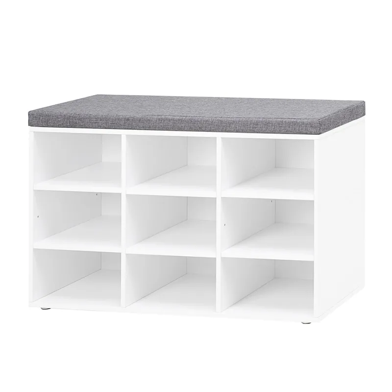 DINZI LVJ Shoe Storage Bench with Cushion, Cubby Shoe Rack with 9 Cubbies, Adjustable Shelves, Multifunctional Shoe Organizer Bench for Entryway, Mudroom, Hallway, Closet and Garage, White