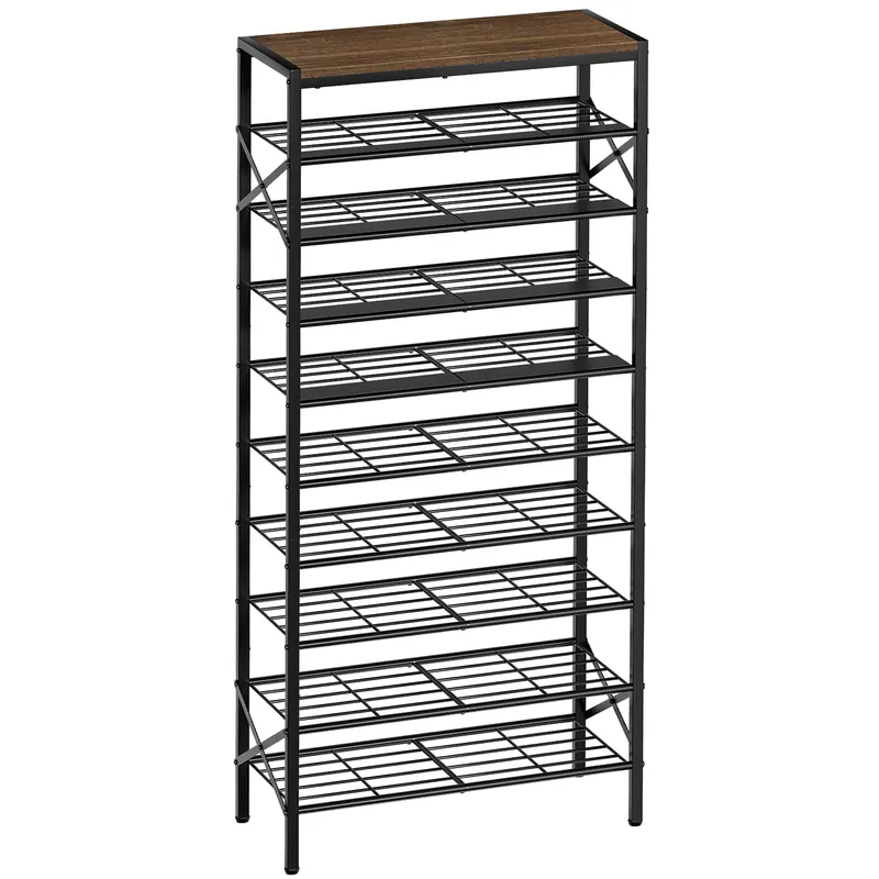 UNITSTAGE 10-Tier Tall Shoe Rack Organizer Shoe Storage for Entryway 30-40 Pairs Metal Shoe Rack for Closet Heavy-Duty Shoe Rack with Wooden Top Shelf for Garage Rustic Brown