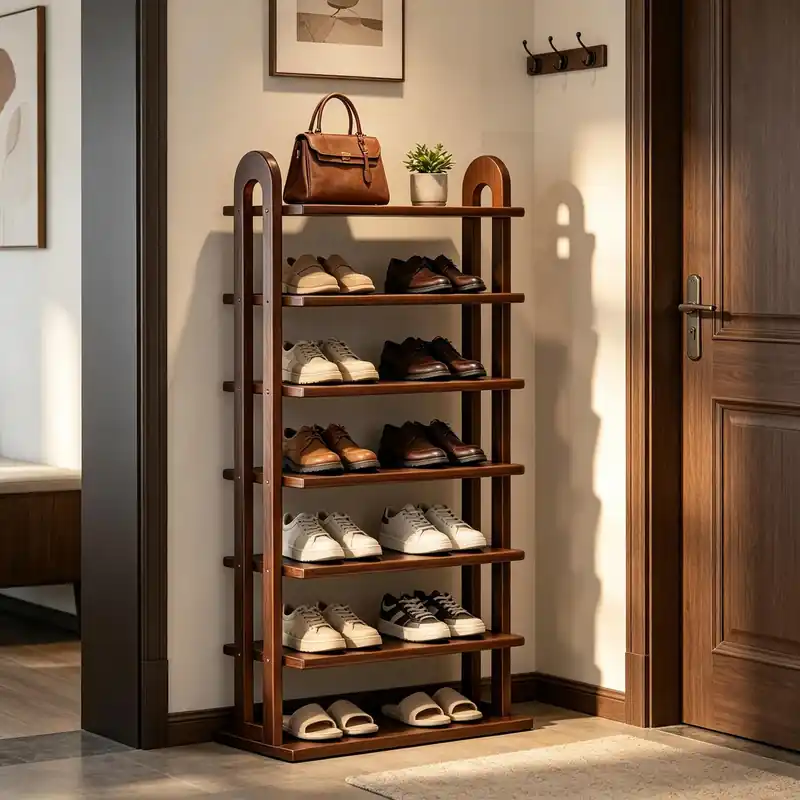 MKSDJIW 7-Tier Shoe Rack, 14 Pairs of Shoes, Made of Solid Wood, Tall Shoe Shelf with Removable Shelves, Suitable for Corners, Entryways, Wardrobes, and Doorways, (Walnut)