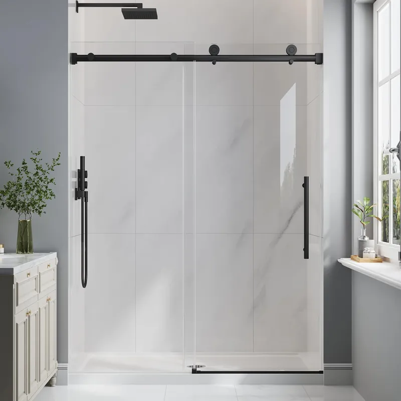 EASYWORC Frameless Glass Shower Door, 55-60" W x 76" H Sliding Frameless Shower Door, 1/4‘‘(6mm) SGCC Tempered Glass, Explosion-Proof Film Nano Coating, Stainless Steel Hardware, Matte Black