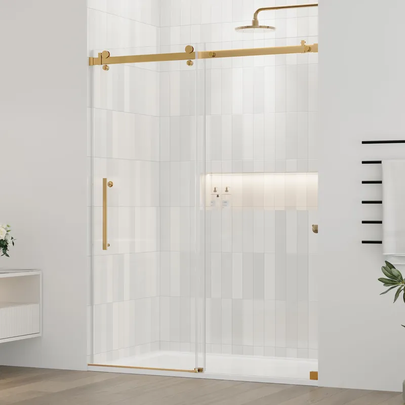 DELAVIN 56-60.in W x 72.in H Frameless Shower Door, Water Repellent Gold Shower Door with SGCC Clear Tempered Glass, Easy Sliding Showe Door with Explosion-Proof Film, Stainless Steel Top Rail