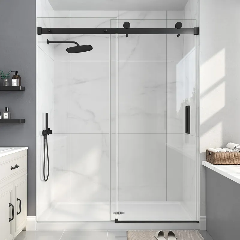 EASYWORC Frameless Shower Door, 55-60" W x 76" H Sliding Glass Shower Door, 1/4‘‘(6mm) SGCC Tempered Glass with Explosion-Proof Film Nano Coating in Matte Black Finish