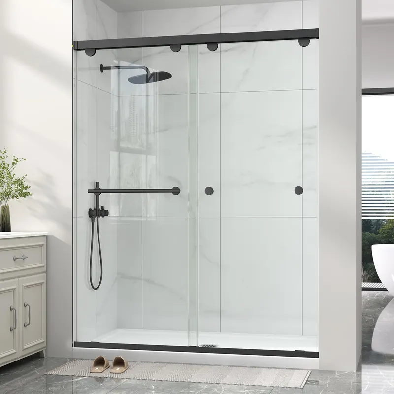 Frameless Shower Door with Soft-Close & Anti-Leak,5/16" (8mm) Double Sliding Shower Door,Nano Coating Anti-Explosion Film SGCC Tempered Glass 43"- 48" W x 76" H,Matte Black