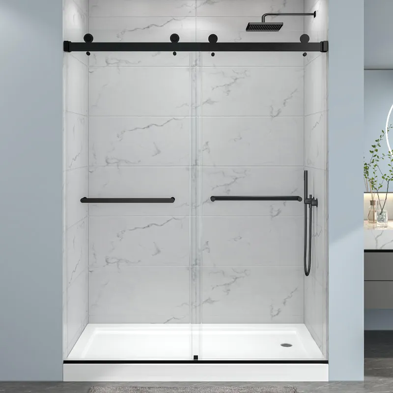 EPXMKX 55"-60" W x 76" H Frameless Sliding Shower Door, Double Sliding Shower Door,5/16"(8mm) Clear Tempered Glass,Bathroom Glass Door with Explosion-Proof Film (Matte Black 60" Wx76 H)