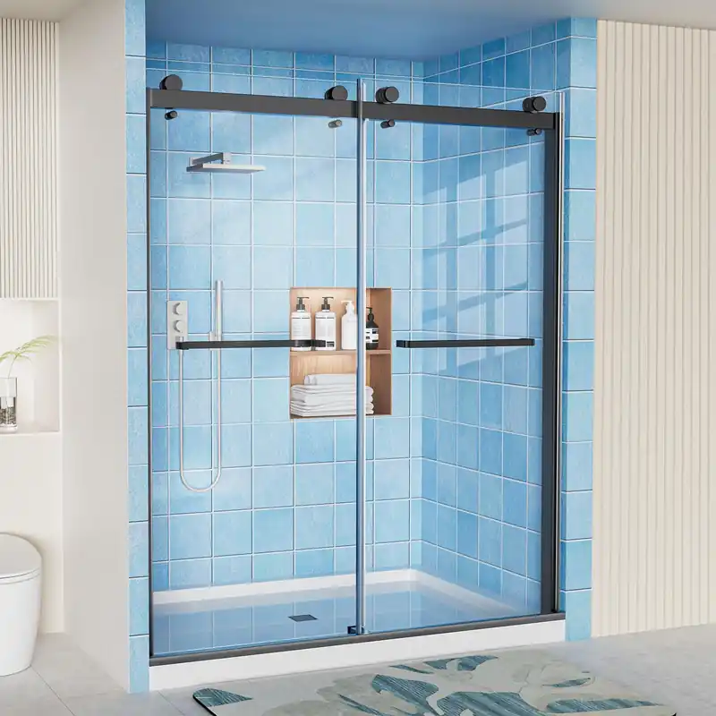 Frameless Shower Door, 56-60" W x 72" H Double Sliding Shower Doors, 1/4" (6mm) Thick Tempered Clear Glass Door with Explosion-Proof Film Nano Coating, Stainless Steel Hardware, Matte Black