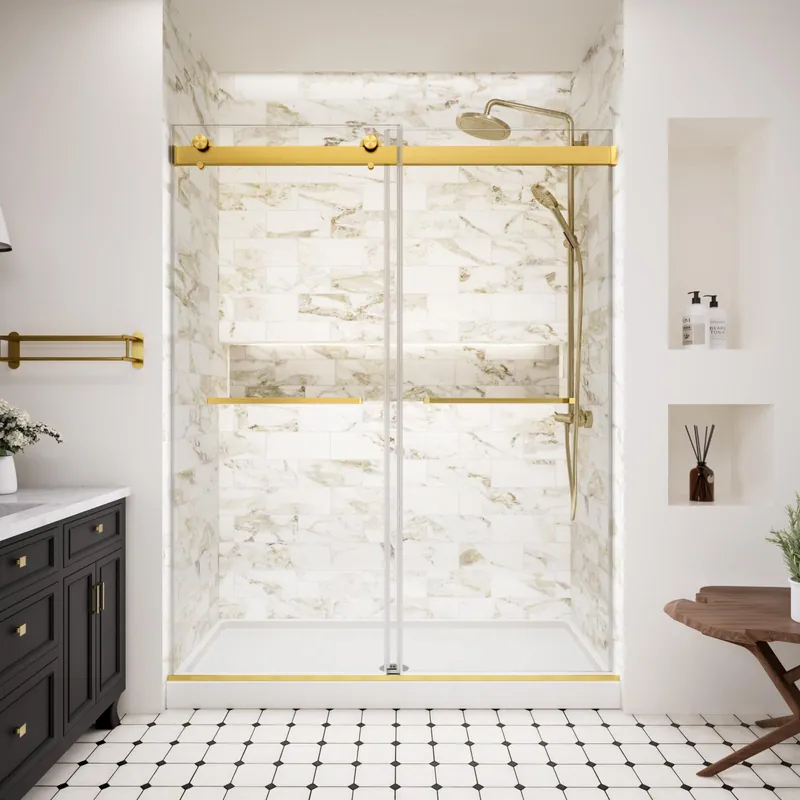 Frameless Shower Door,56-60" W x 74" H Double Sliding Glass Shower Door with 5/16" (8mm) SGCC Thick Tempered Clear Glass Shower Door,Soft Close System&Explosion-Proof Film Nano Coating,Brushed Gold
