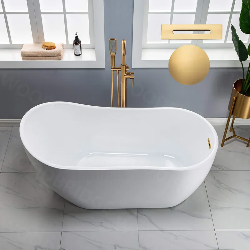 WOODBRIDGE 59" Acrylic Freestanding Bathtub Contemporary Soaking White Tub with Brushed Gold Overflow and Drain, B1530 -BG-Drain &O