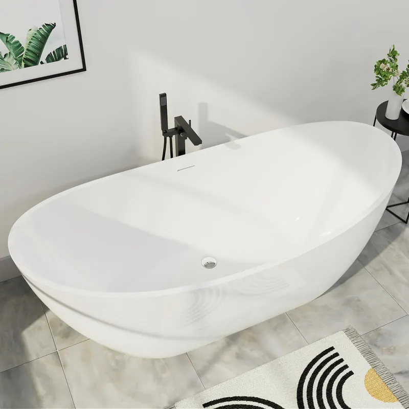Mokleba 67" Lucite Acrylic Freestanding Bathtub, Double Slipper Shape Contemporary Soaking Tub with Toe-tap Chrome Drain, Slotted Overflow, cUPC Certified, Glossy White