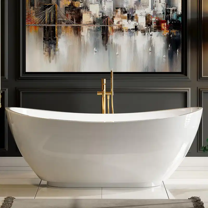 Empava 69 Inch Freestanding Bathtub, Acrylic Soaking Tub with 15" Internal Water Depth & Non-Slip Bottom, Modern Oval White Tub for One Adult, 58 Gallon Capacity, cUPC Certified