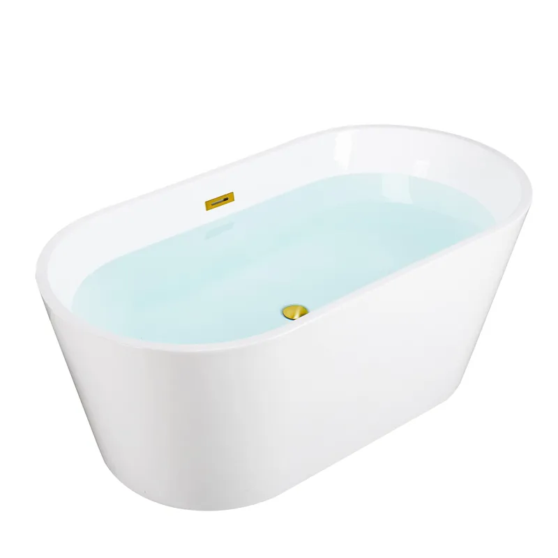 WOODBRIDGE 59" Acrylic Freestanding Bathtub Contemporary Soaking White Tub with Brushed Gold Overflow and Drain,B0014-BG