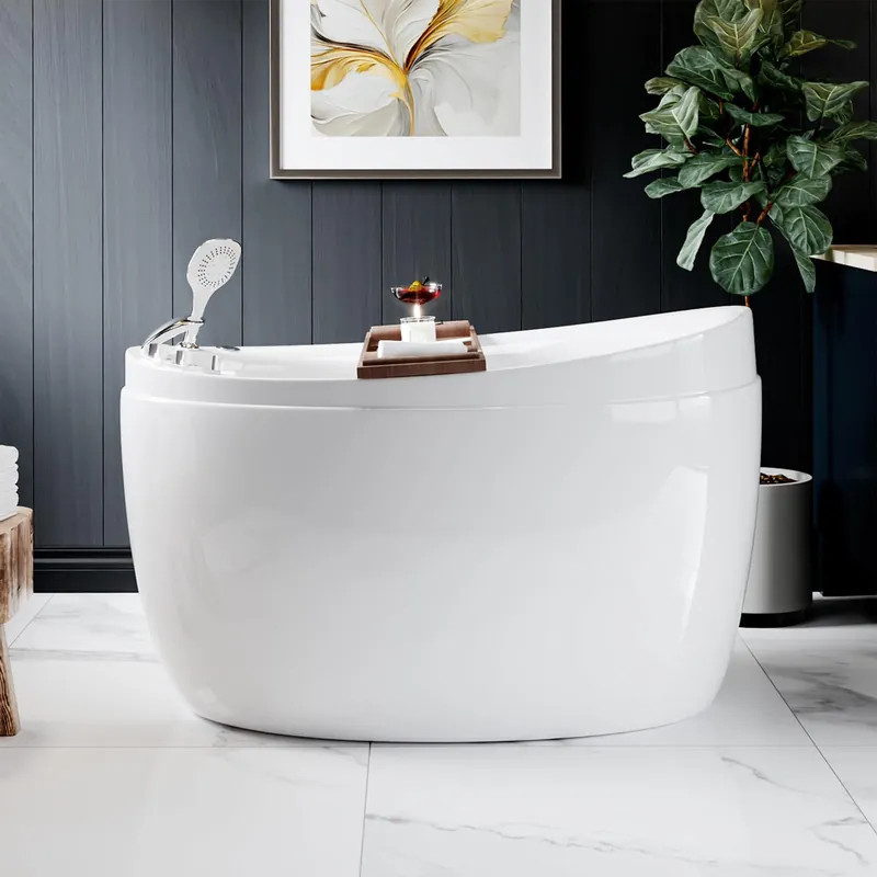 Empava 59-Inch Freestanding Air Jetted Bathtub with Micro Bubble Hydrotherapy Oval Japanese SPA Design, Pre-Molded Seat, Luxury Soaking Tub,Glossy White