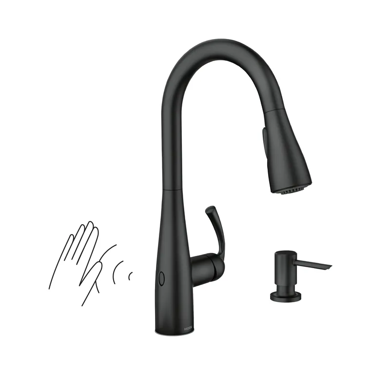 Moen Essie Matte Black MotionSense Wave One-Handle Touchless Kitchen Faucet with Pulldown Sprayer and Soap Dispenser, 87014EWBL