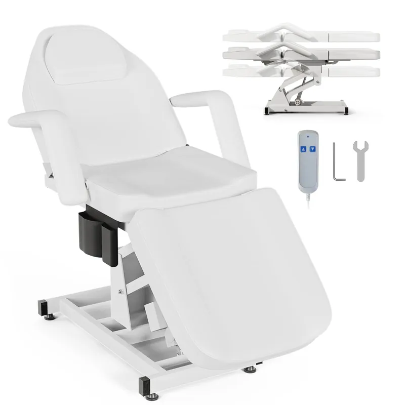 Paddie Electric Height Adjustable Tattoo Chair Spa Bed, Electric Lift Massage Table 3-Section Folding with Storage Pocket for Client/Esthetician/Artist, White