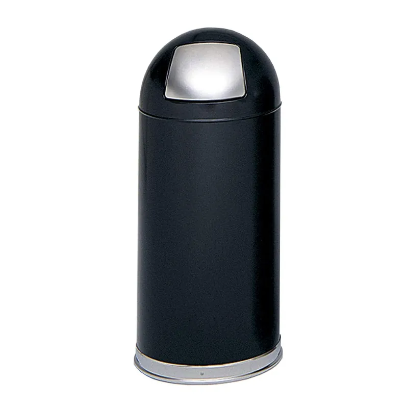 Safco Push Door Dome Top Trash Can, 15 Gallon Stainless Steel Garbage Can for Indoor Use, Black