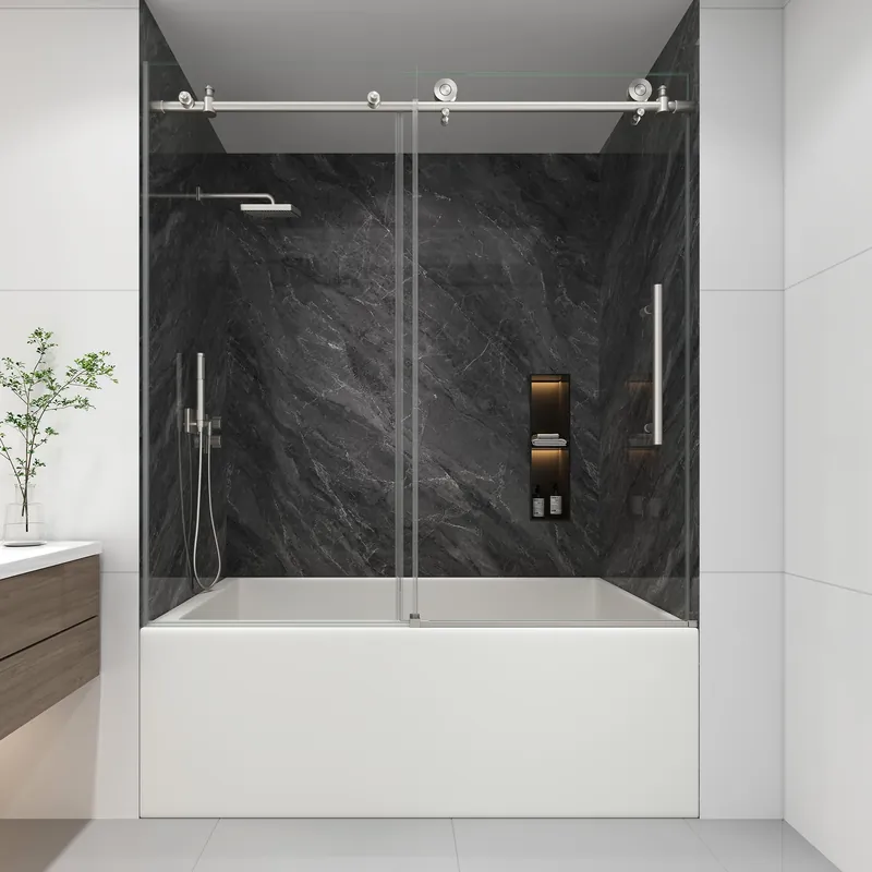 KPUY Tub Shower Door, 55-60" W x 60" H Frameless Sliding Bathtub Door, 1/4" (6mm) Thick Tempered Clear Glass with Explosion-Proof Film Nano Coating, Stainless Steel Frame, Brushed Nickel