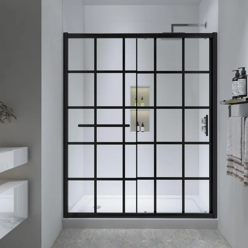 FELYL Black Grid Sliding Shower Door 55-60" W x 72" H, Matte Black, Single Sliding Door, Framed, 1/4" (6mm) SGCC Tempered Glass, Reversible Installation