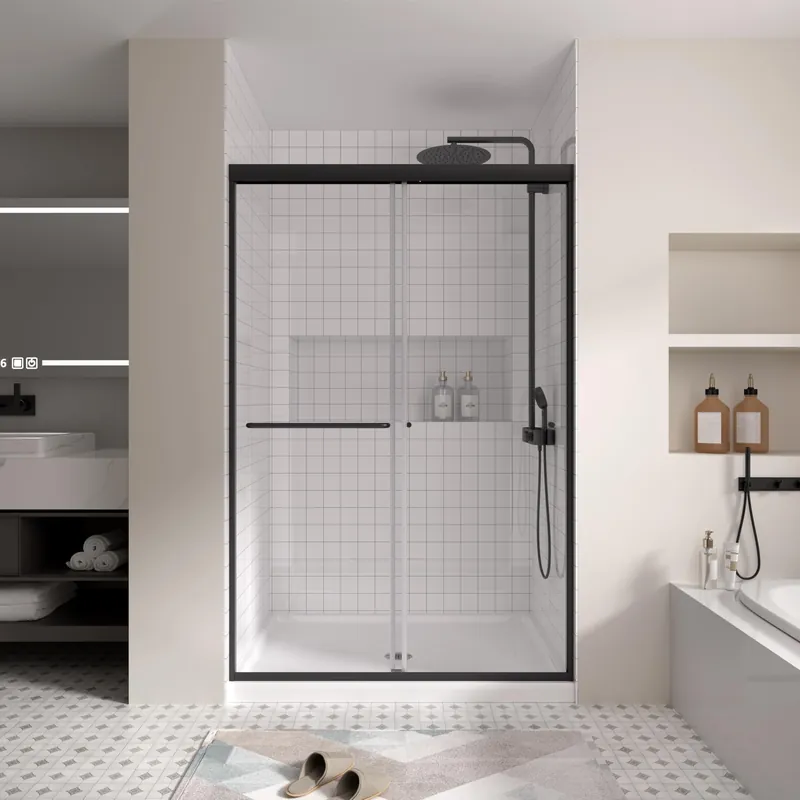 Semi-Frameless Sliding Shower Door 44-48” W x 72" H, 6mm SGCC Tempered Glass Matte Black Hardware, Retractable Waterproof Shower Screen for Walk-in Bathroom & Bathtub Use