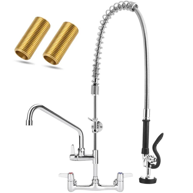 BZIMAK Commercial Faucet with Sprayer, 36 Inch Height Commercial Sink Faucet Wall Mount with 8" Adjustable Center and 12" Add-on Swing Spout & Pull Down Pre Rinse Sprayer