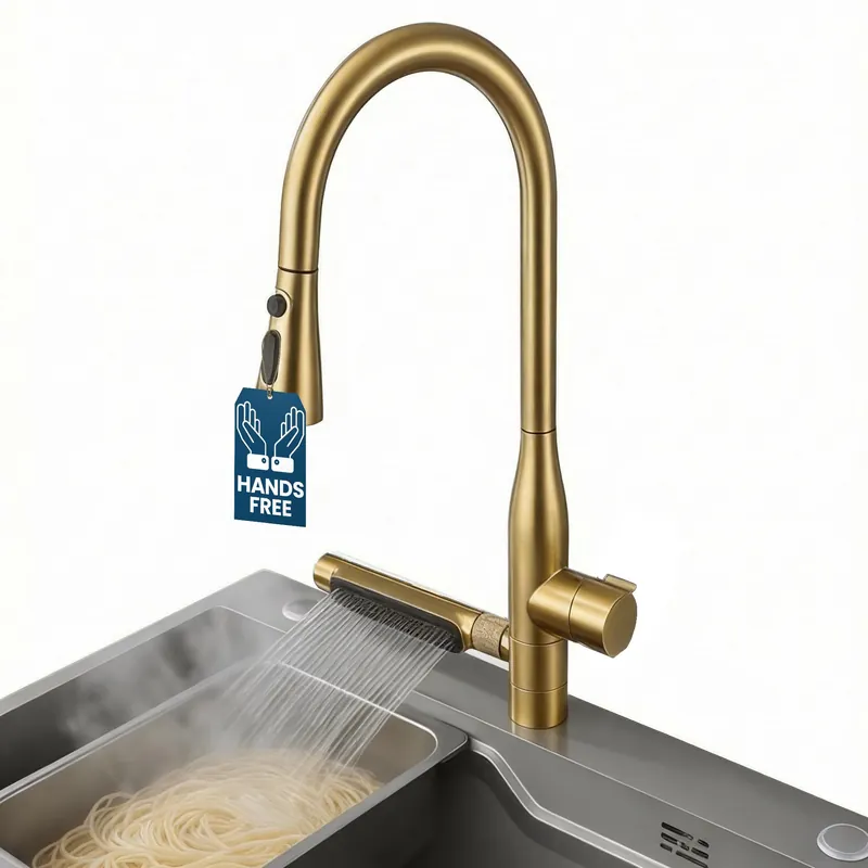 STiLWERK Waterfall Kitchen Faucet with Pull-Down Sprayer, 3 Flow Modes (Sweep/Stream/Waterfall), 360° Swivel, Stainless Steel Sink Faucet for Farmhouse, Camper, Bar, Laundry, Rv, Brushed Gold