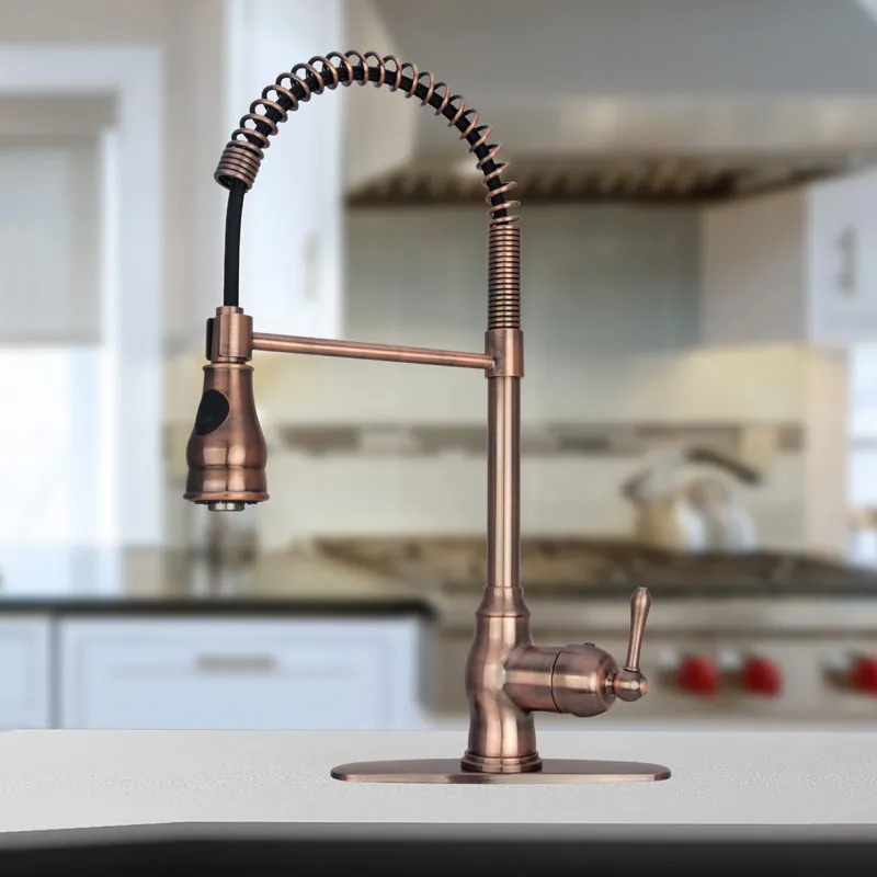 Akicon Antique Copper Pre-Rinse Spring Kitchen Faucet, Single Level Solid Brass Kitchen Sink Faucets with Pull Down Sprayer