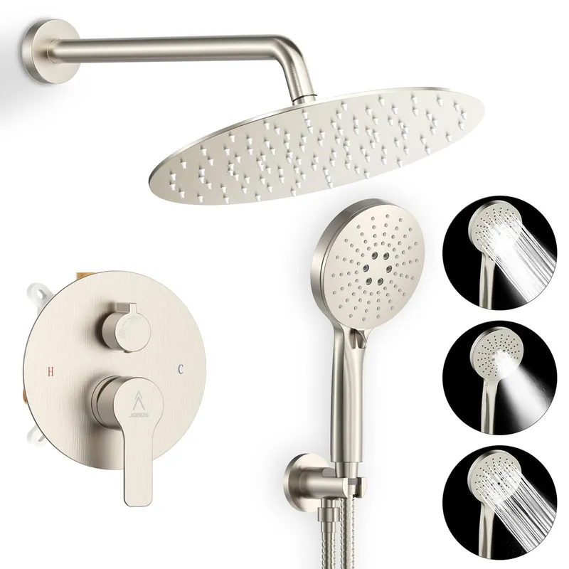 JQBQS Shower Faucet Set 12IN Brass Rough-In Valve Body Trim Kit Rainfall Included Handle Accessories Complete 2 Functions with Rain Head and Handheld Bathroom Systems (12‘‘, Brushed Nickel)