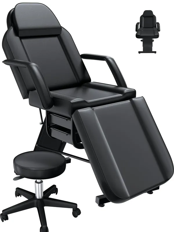 EITPETPORT 3-Section Tattoo Chair, Facial Beds for Esthetician Adjustable Professional Salon Massage Bed Tattoo Bed Chair with Spa Stool for Beauty Barber Spa Beauty Equipment, EPP Black