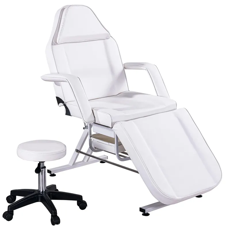 Jaxilyn Massage Bed Tattoo Chair Massage Salon with Two Trays,Esthetician Table with Hydraulic Stool,Multi-Purpose 3-Section Facial Bed Table, Adjustable Beauty Barber Spa Beauty Equipment White