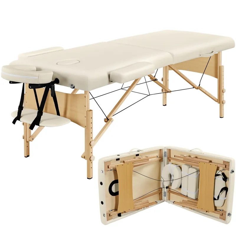 Yaheetech Massage Table Portable Lash Beds Spa Bed Massage Couch Foldable Spa Tables Adjustable 2 Fold with Non-Woven Bag 28 inch, Cream