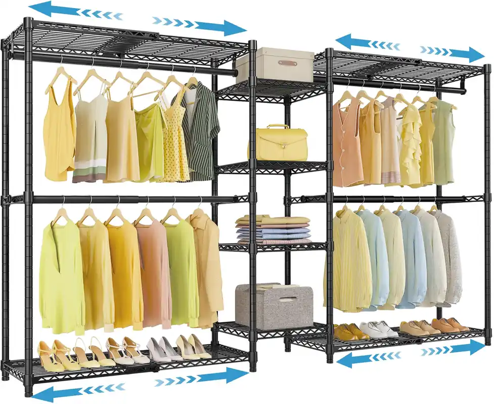 VIPEK X3 Expandable Heavy Duty Clothes Rack Adjustable from 5‘2" to 8‘ with Adjustable Shelves and Hanger Rods, Large Freestanding Clothing Racks Reach-in & Walk-in Closet, Max Load 1210LBS, Black
